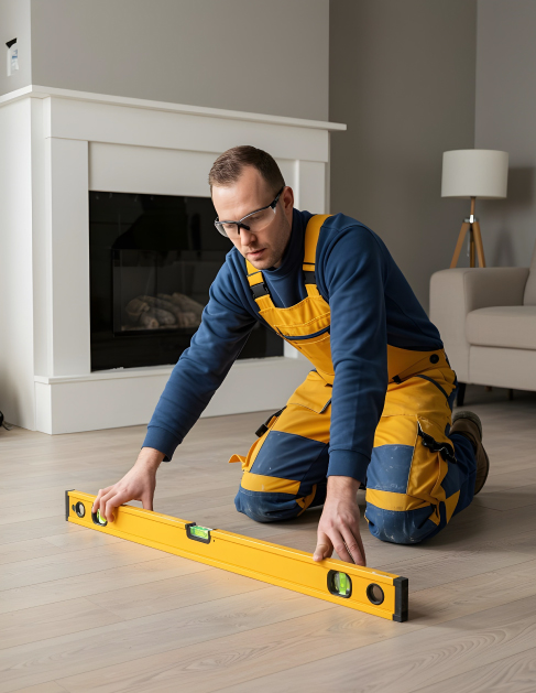 man checking to see if the floor of a house is level